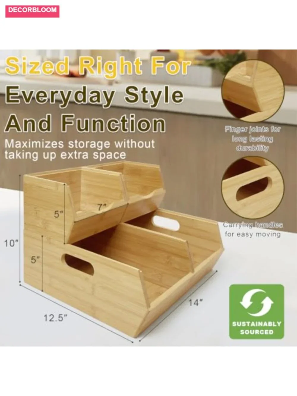 Bamboo Stackable Pantry Storage Bins with Handles, Set of 3